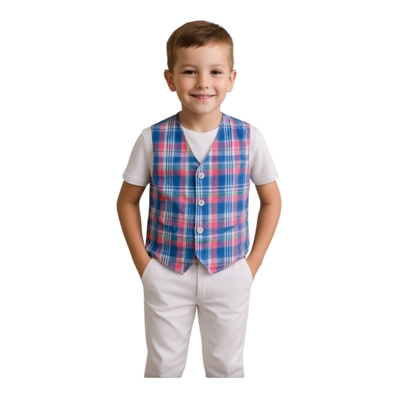 IZOD Button Front Cotton Blue Pink Plaid Boys Vest Size 8 Easter - Picture 1 of 4